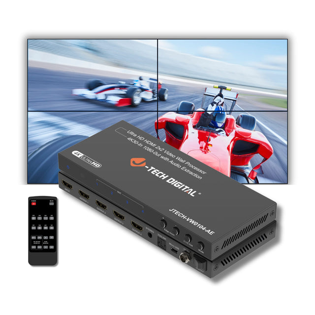 Ultra HD 4K30-in HDMI 1080-out 2x2 with Video Audio Wall Processor Extraction  
JTECH DIGITAL  
JTECH-VW0104-AE  
4K ULTRA HD  
2x2 Video Wall Processor with Audio Extraction  
STEREO  
TOSLINK  
1080p
