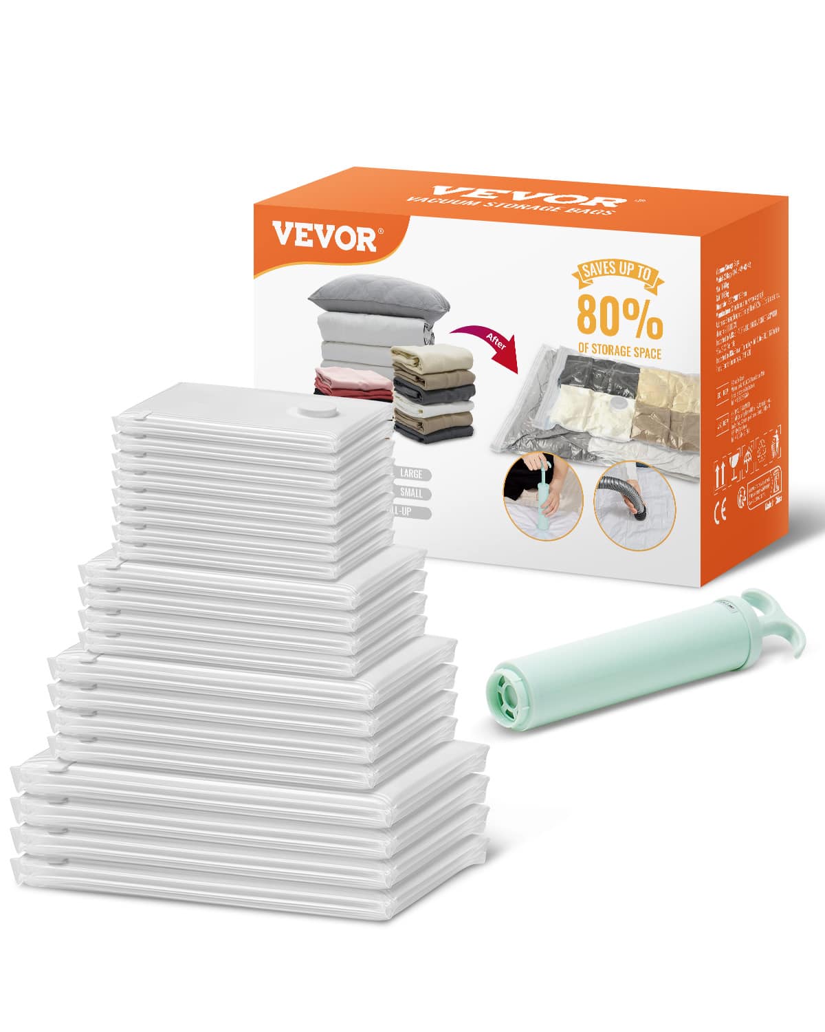 VEVOR - Vacuum Storage Bags, 20 Pack Space Saver Seal Bag(4 Jumbo/4 Large/4 Medium/4 Small/4 Roll), Compression Airtight Zipper - Clear