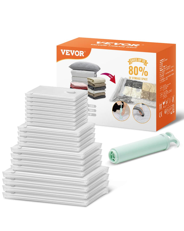 VEVOR  
VACUUM STORAGE BAGS  

SAVES UP TO 80% OF STORAGE SPACE  

LARGE  
SMALL  
ALL-UP  

11 PIECES  

CE