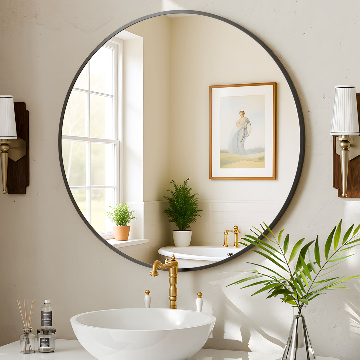 Easly - 36 in. W x 36 in. H Round Aluminum Alloy Frame Vanity Wall Mirror - Black