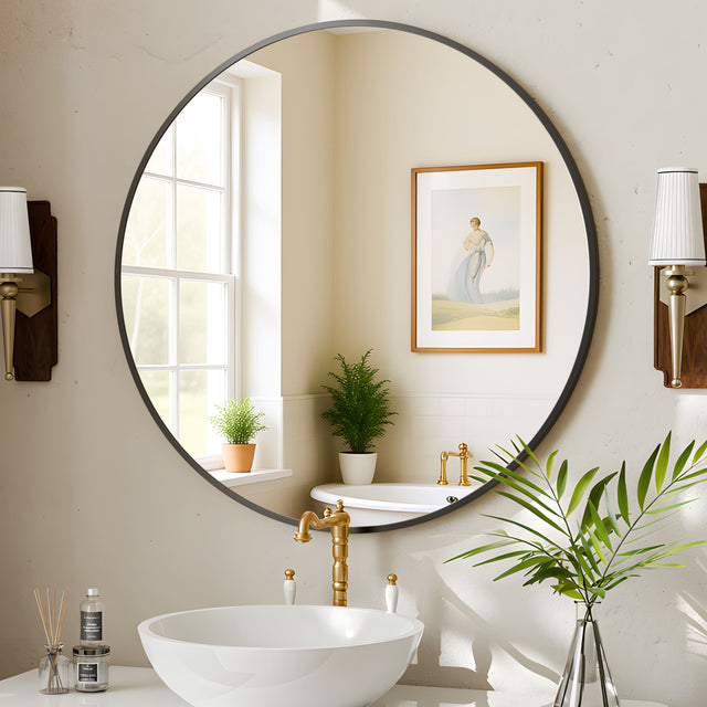 Front. Easly - Black 36 in. W x 36 in. H Round Aluminum Alloy Frame Vanity Wall Mirror - Black.