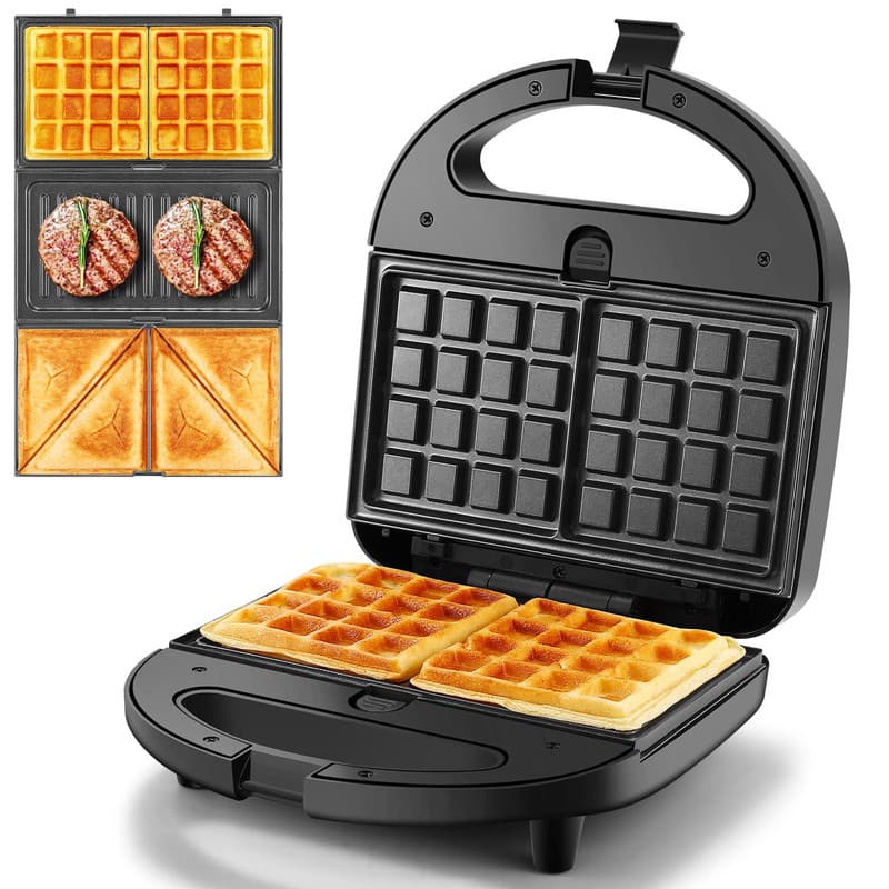 OSTBA - 3-in-1 Sandwich Maker, Panini Press & Waffle Maker, 3 Removable Non-stick Plates - Black