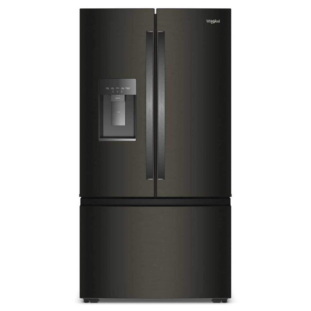 Front. Whirlpool - 36 in. Wide 23.4 cu. ft. 3-Door French Door Counter-Depth Refrigerator - Black Stainless Finish.