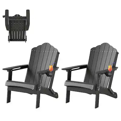 Gymax - 2PCS Patio Folding Adirondack Chair Weather Resistant Cup Holder Yard Grey
