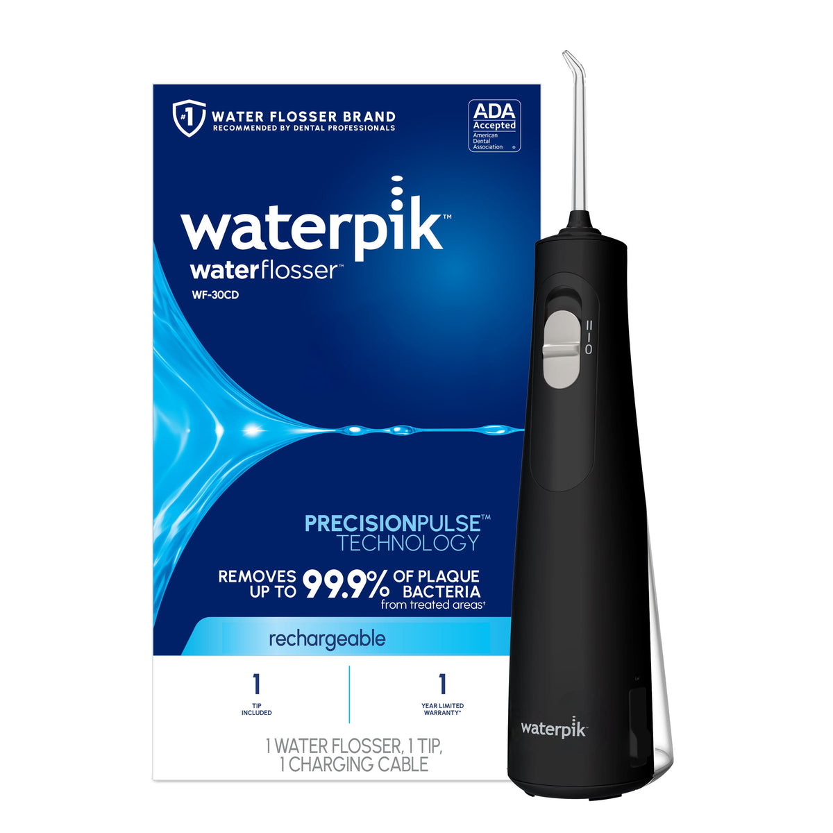 Waterpik - Cordless 1100 Rechargeable Portable Water Flosser with 2 Settings, ADA Accepted - Black
