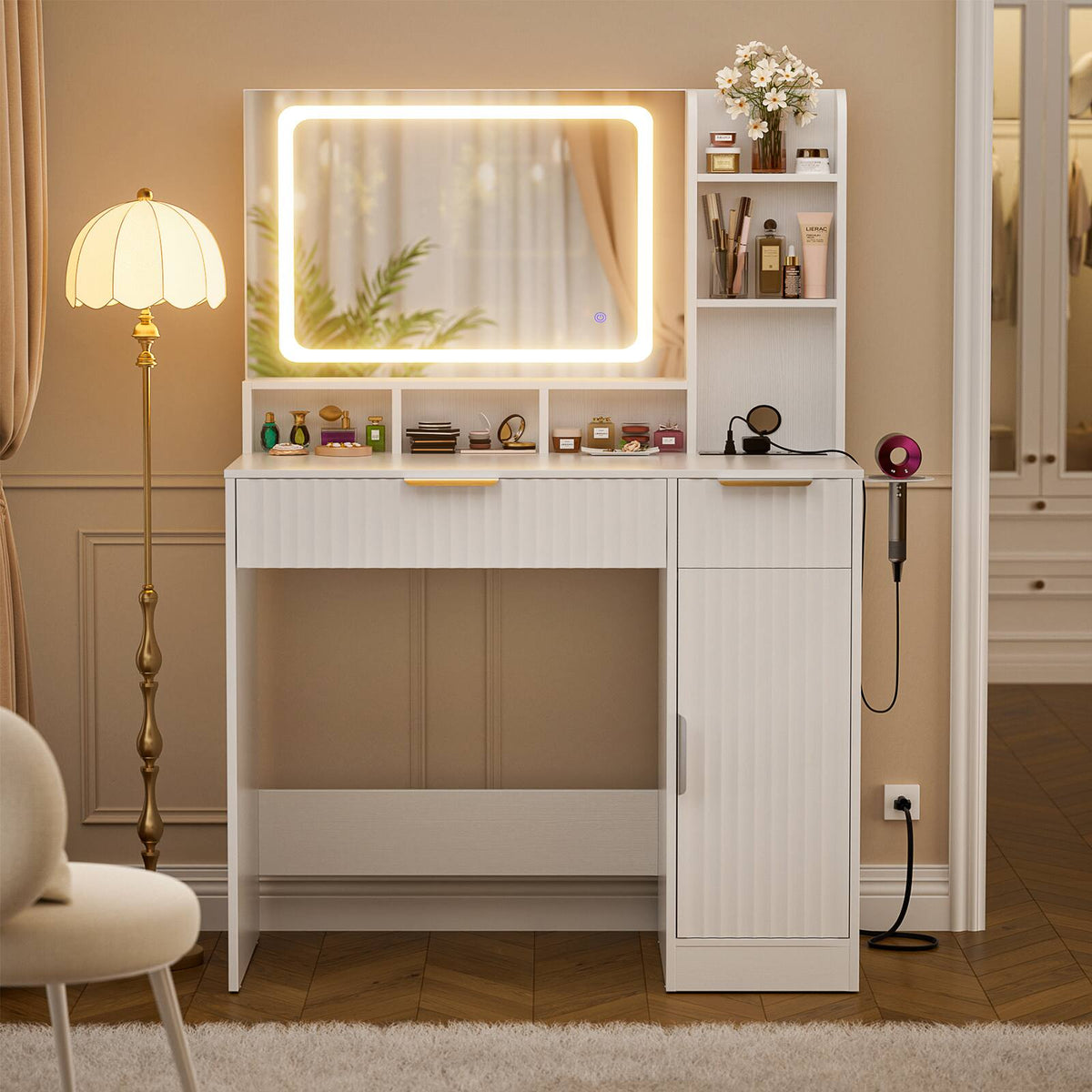 Aheaplus - Fluted Makeup Vanity Desk with Lighted Mirror and Drawers, Wooden Vanity Table with Outlets and Storage Cabinet - White