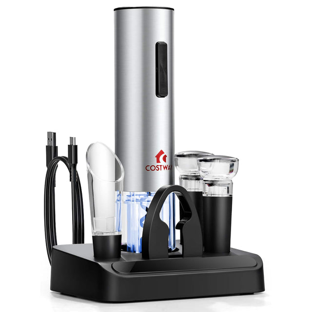 Front. Costway - Costway 6 in 1Electric Wine Bottle Opener Set Rechargeable Cordless Corkscrew Opener Set - Black + Transparent.