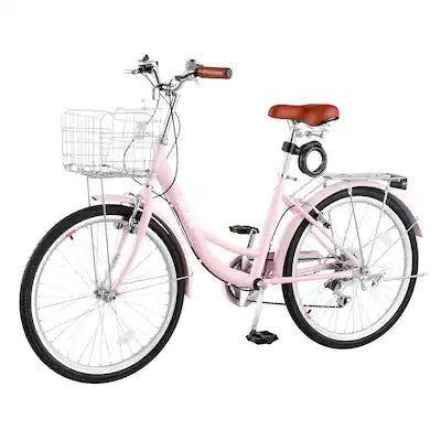 VEVOR - Women Bike, 24 in Beach Cruiser Bike, 7-Speed Adult City Bicycle with Carbon Steel Frame, 330 lbs Capacity, Basket
