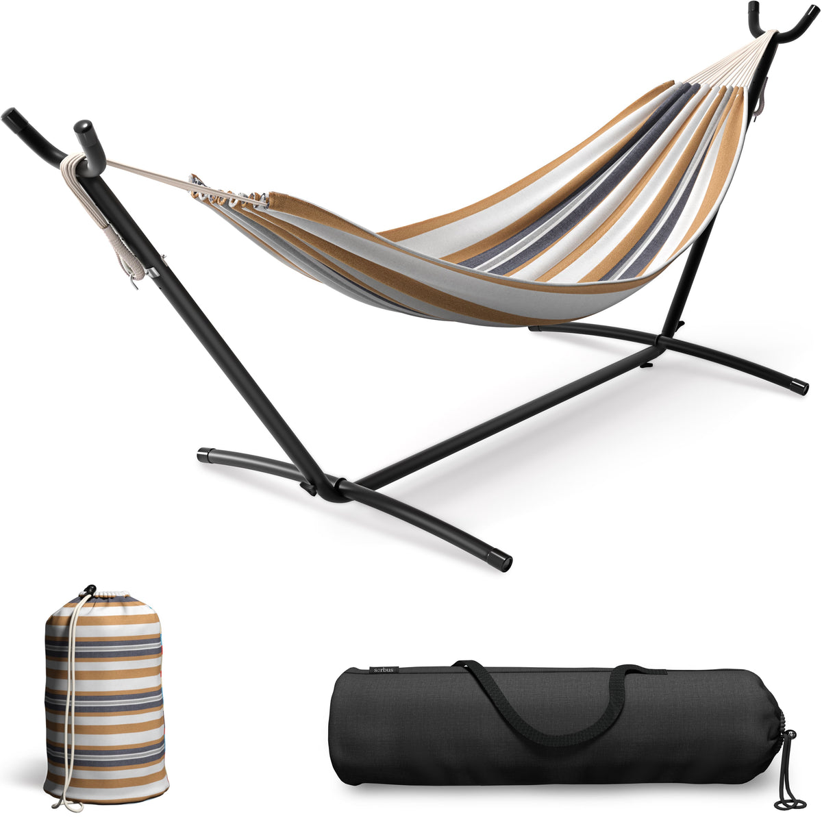 Sorbus - Double Hammock With Steel Stand - Portable Carrying Case Included - Brown stripes