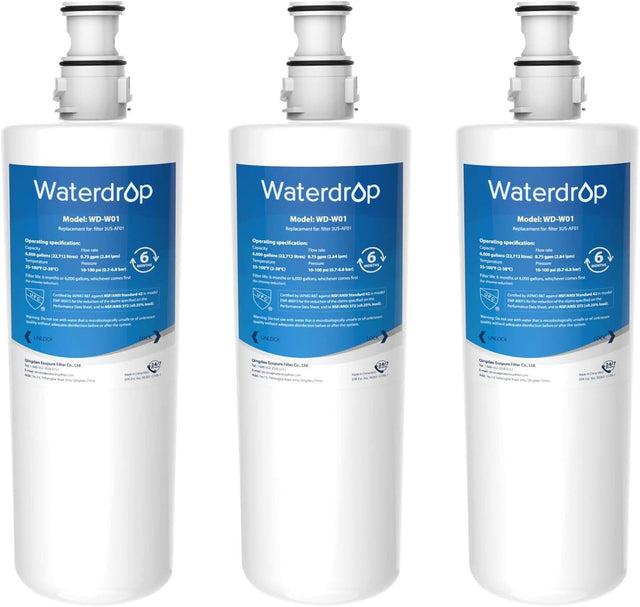 Waterdrop Model: WD-W01 Replacement for filter 3US-AFGI  
Waterdrop Model: WD-W01 Replacement for Wher 3US-APOI  
Waterdrop Model: WD-W01 Replacement for filter 3US-AFGI  

Operating specification:  
Capacity: 4,000 gallons (15,140 liters)  
Flow rate: 0.83 gpm (3.13 l/min)  
Temperature: 32-104°F (0-40°C)  
Pressure: 100 psi (6.89 bar)  

Certified by NSF International to NSF/ANSI Standard 42 for material safety and NSF/ANSI Standard 53 for health effects.  

Warning: Do not use with water that is microbio
