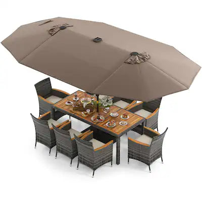 Costway - 11 PCS Patio Dining Set with 15 ft Double-Sided Patio Umbrella 8 Armchairs
