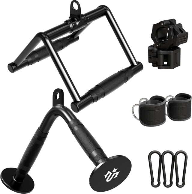 Front. Syedee - Cable Attachments for Gym, Heavy-Duty Cable Machine Attachment Set with LAT Pulldown, V Bar, Double D Handle, Ankle Stra - Black.
