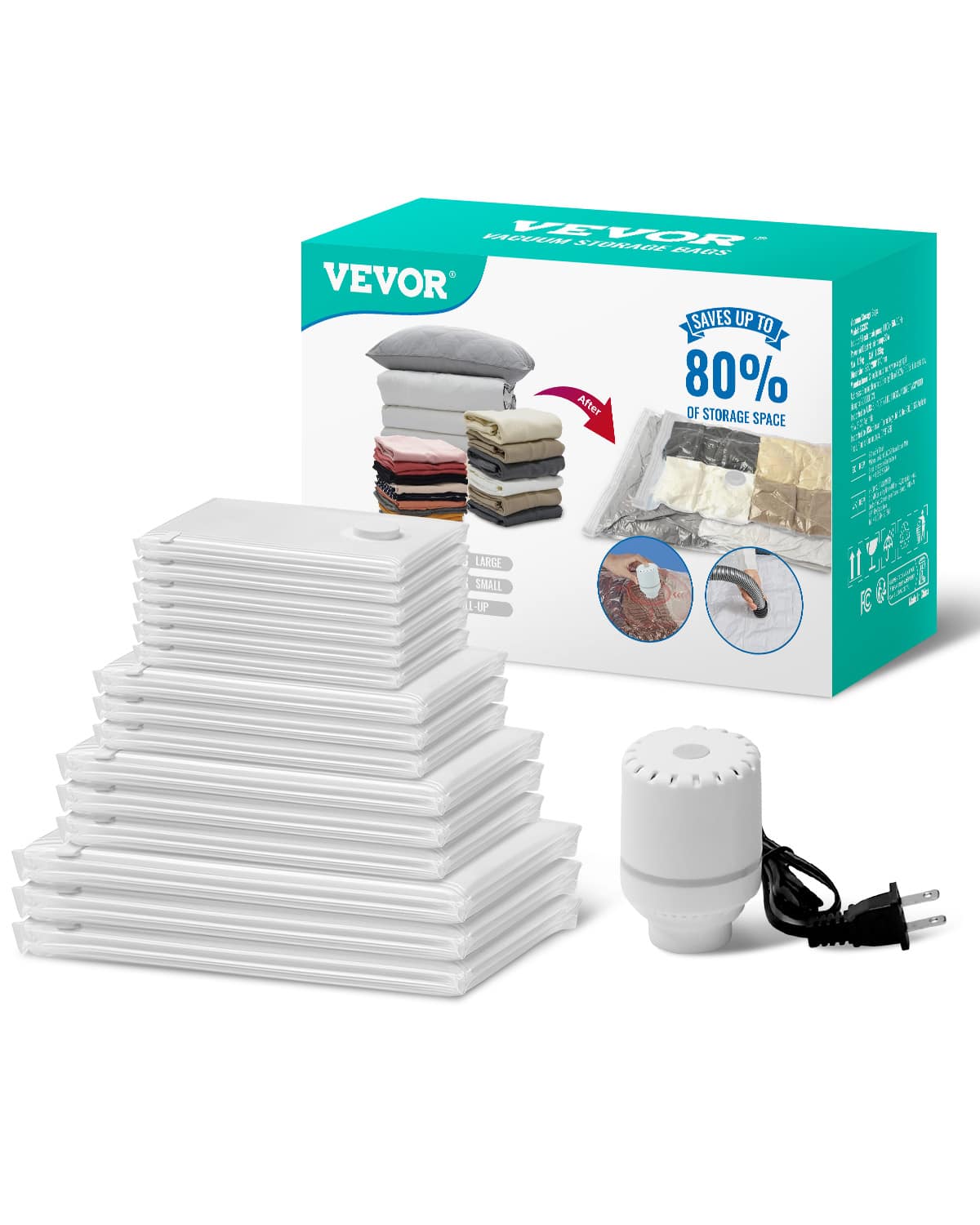 VEVOR - Vacuum Storage Bags, 15 Pack Space Saver Seal Bag(3 Jumbo/3 Large/3 Medium/3 Small/3 Roll), Compression Airtight Zipper - Clear