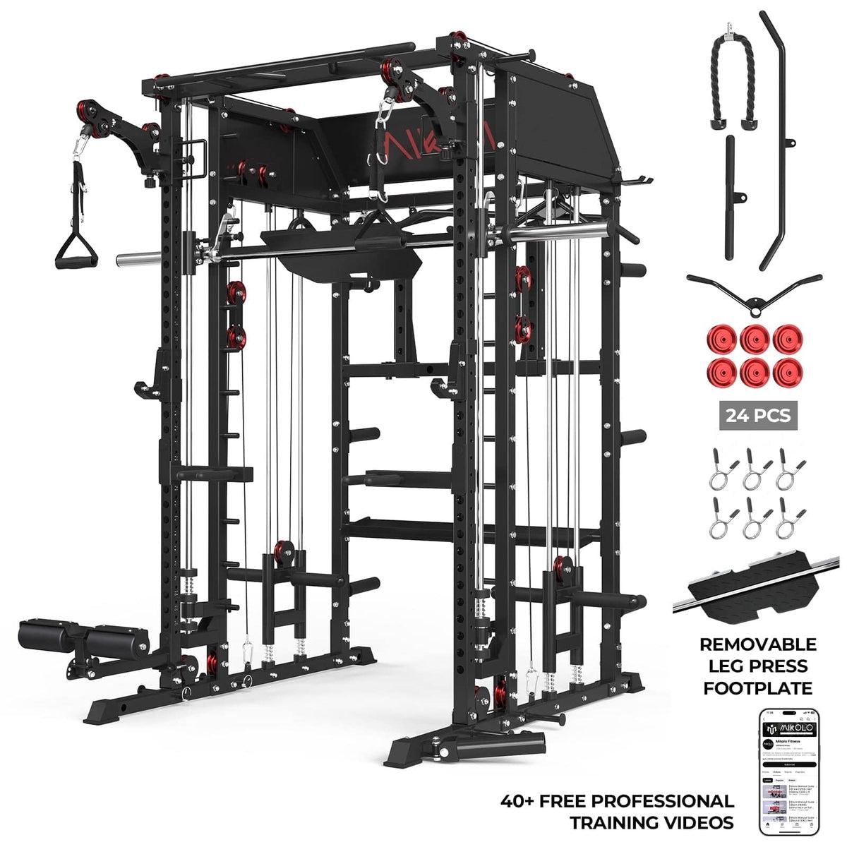 Mikolo - Smith Machine Home Gym, All-in-One Power Rack with Smith Cage and Functional Trainer, Squat Rack with 2:1 Dual Pulley - Black