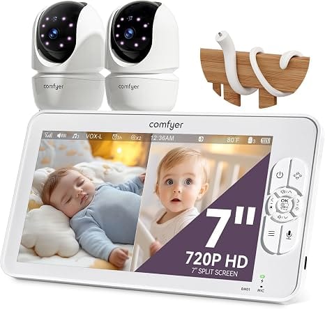 Comfyer - 7" Split-Screen Baby Monitor, 2 Cameras, No WiFi, Long Battery - White