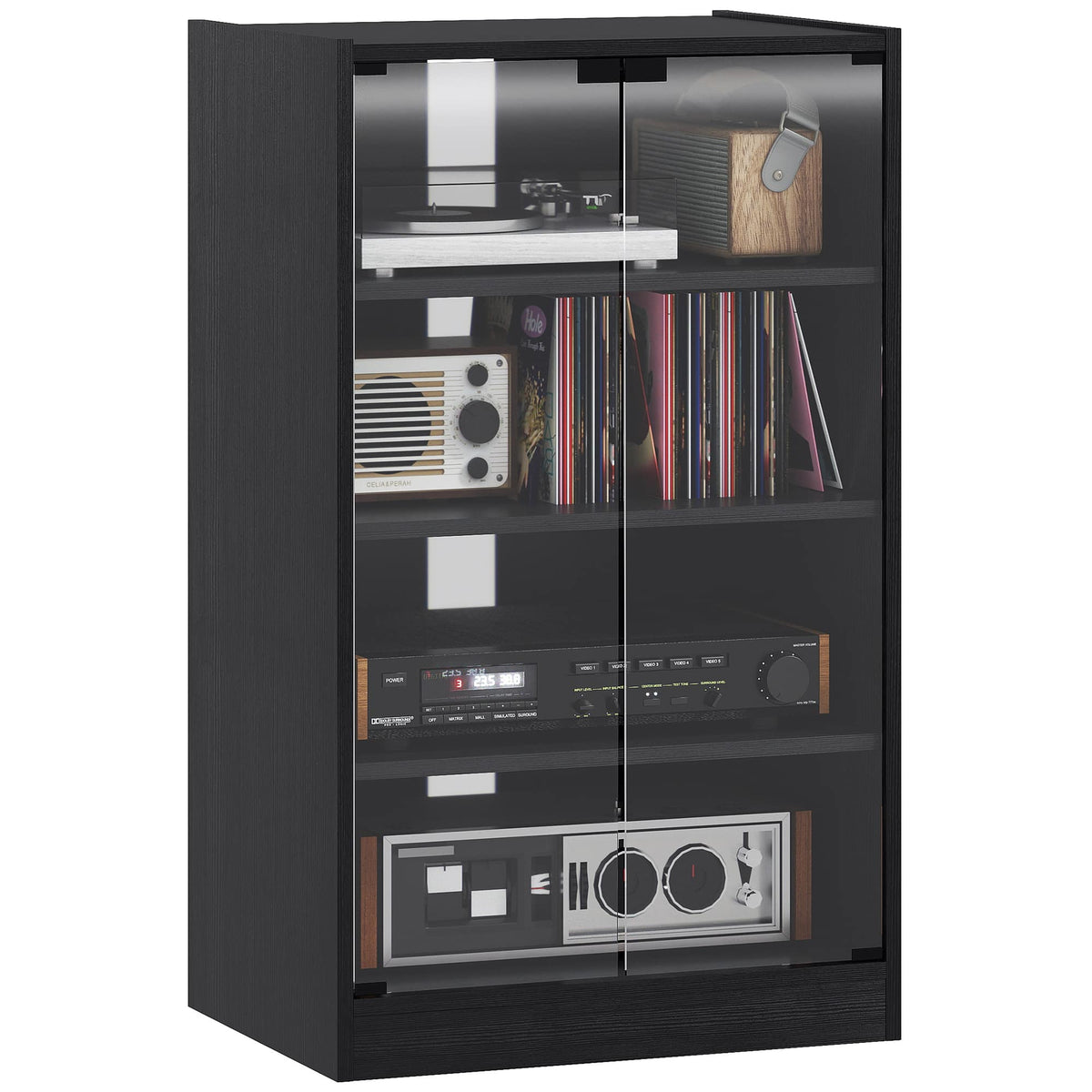 Homcom - Media Cabinet, 4-Tier Stereo Cabinet, Record Player Stand with Vinyl Record Storage, Adjustable Shelves - Distressed Black