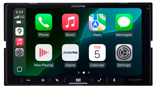 LPINE  
2:23  
5G  
Phone Music Maps Messages  
Now Playing  
Alpine  
TUE 5  
Calendar Settings  
Siriusxm READY