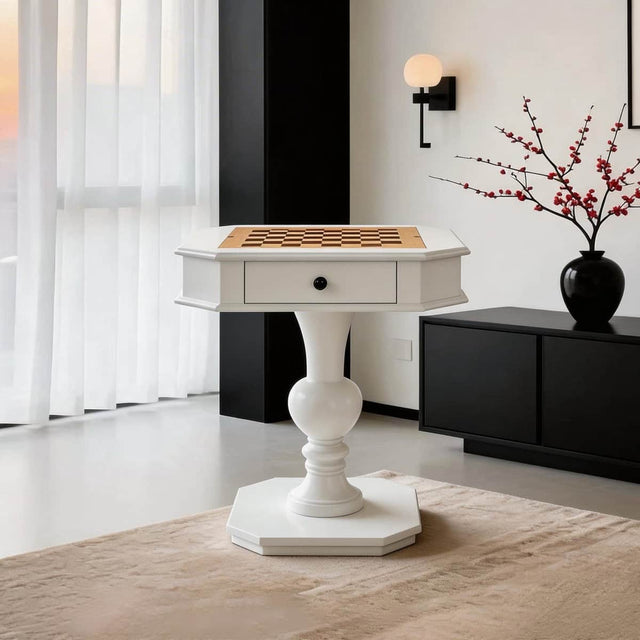 Front. Bothwa Home - Wood Pedestal Game Table with Reversible Chess Checkers Backgammon Top and Storage Drawer - White.