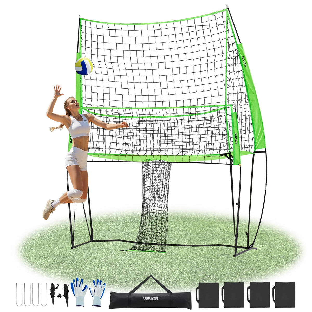 VEVOR - Volleyball Training Net System, Freely Height-Adjustable Practice Equipment with Ball Return,8x11ft Portable Net Station - Black and green