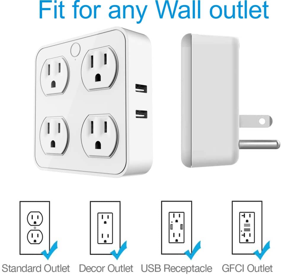 eco4life - Smart WiFi Wall Tap - Surge Protector, 4 AC Outlets & 4 USB Ports, Works with Alexa & Google, App Control - White