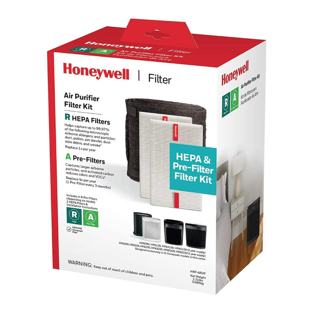 Honeywell FiO2 Air Purifier Filter Kit: Includes 8 Pre-Filters, 2 HEPA Filters, and 1 Pre-Filter. Designed exclusively for Honeywell Air Purifiers. Replaces 1 HEPA filter and 1 pre-filter every year. Helps capture up to 99.97% of airborne microscopic particles, including dust, allergens, pollen, mite debris, dander, dust, and smoke. Reduces odors and VOCs. Replace the pre-filter every 3 months. Includes installation and instructions. No replacement supply. Warning: Keep out of reach of children and pets. We