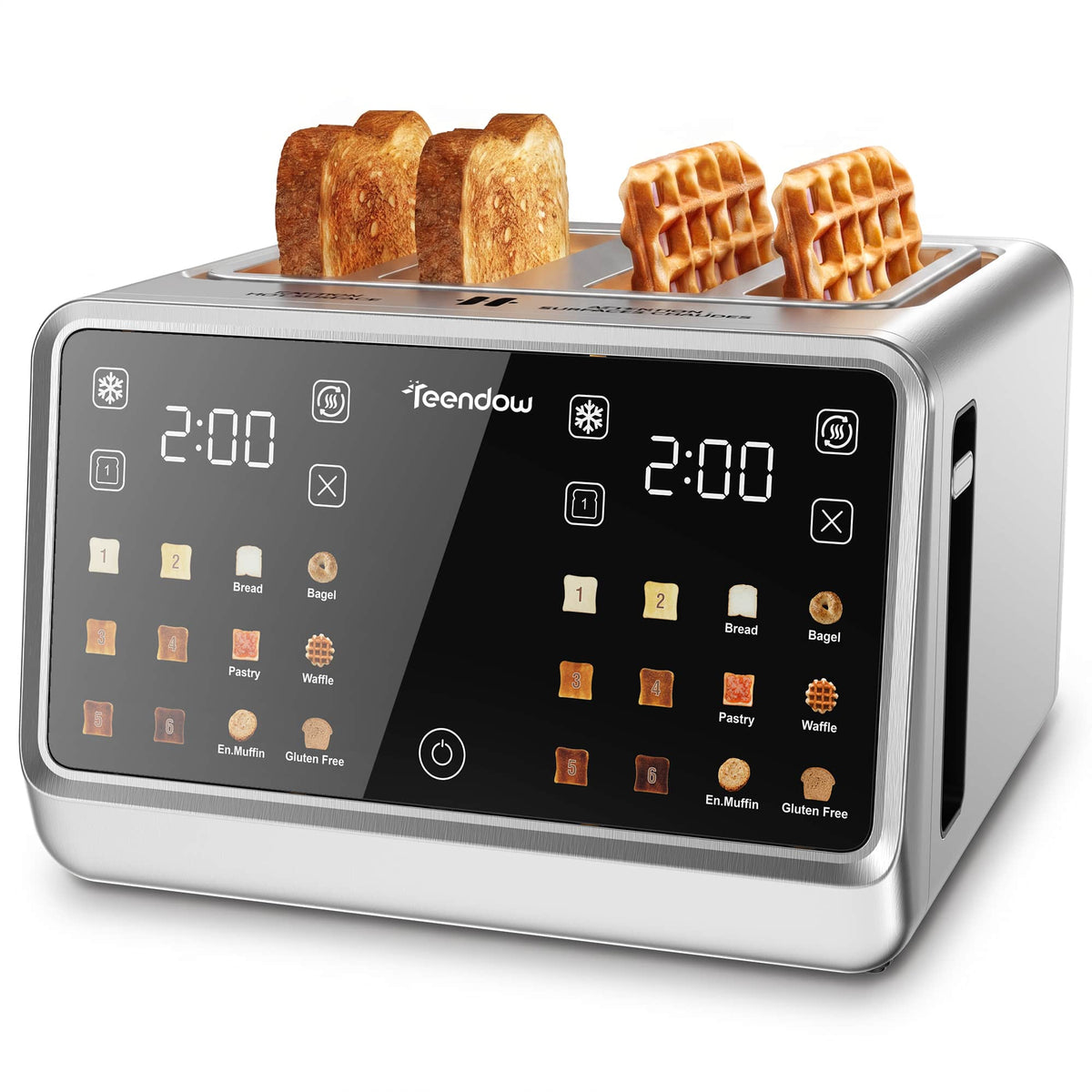 Teendow - Touch Screen Toaster 4 Slice, 1800W Stainless Steel Digital Smart Toaster with Dual Controls,6 Shade Levels - Silver