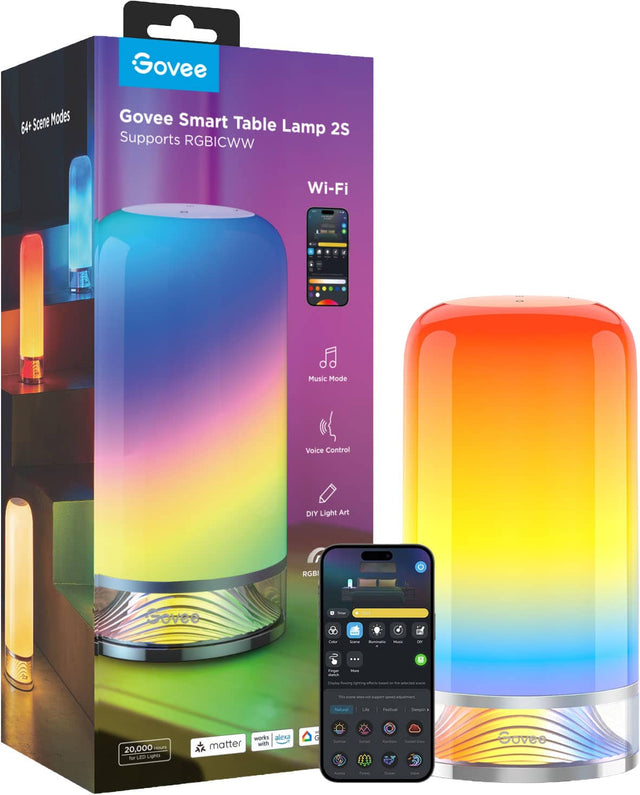 Govee Smart Table Lamp 2S  
64+ Scene Modes  
Supports RGBICWW  
Wi-Fi  
Music Mode  
Voice Control  
DIY Light Art  
RGBI  
20,000 Hours for LED Lights  
Works with Alexa  
Matter  
Google Assistant