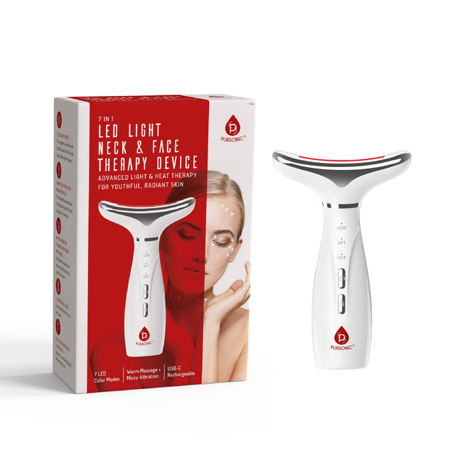 TA -- : 12 30 e kp m 4 + he - wa Fha - a 1  ha - hat i 7 0% 9S. 1% 7IN 7 IN i LED LIGHT NECK & FACE THERAPY DEVICE ADVANCED LIGHT & HEAT THERAPY FOR YOUTHFUL, RADIANT SKIN -T PURSONIC LoW T 1STA - miottol OSAL - P PURSONIC Massage USS-C 7 LED Warm Micro-Vibration Rechargeable Celor Modes P PURSONIC