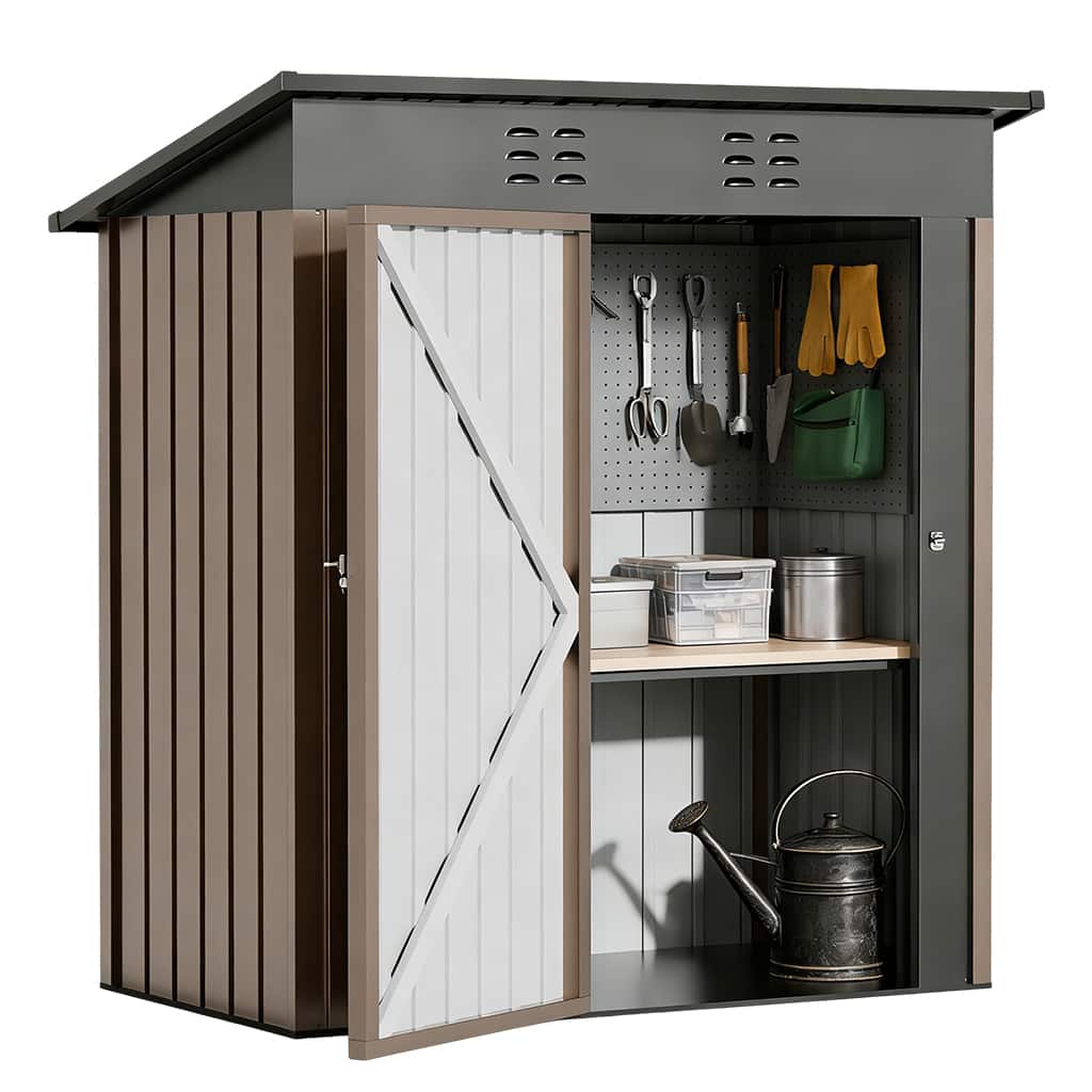 CloudRest Pro - 5 x 3 FT Outdoor Storage Shed Lockable Doors Tool Sheds with Sloping Roof Steel Garden Shed - Brown