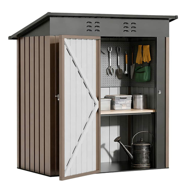 Front. CloudRest Pro - 5 x 3 FT Outdoor Storage Shed Lockable Doors Tool Sheds with Sloping Roof Steel Garden Shed - Brown.