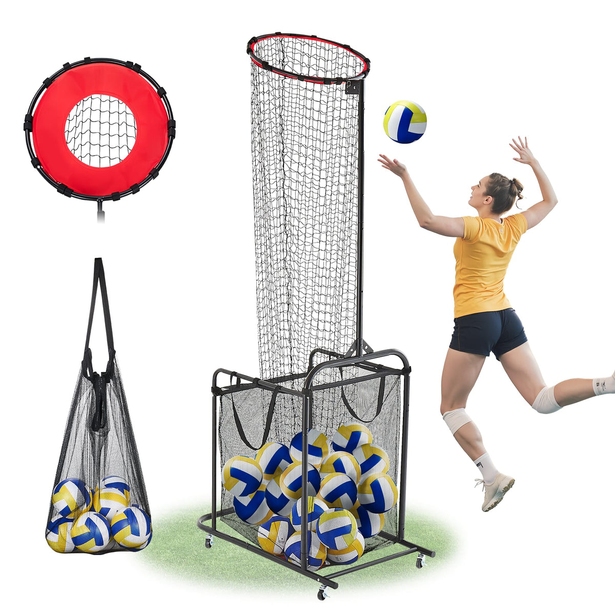 VEVOR - Volleyball Setter Training Equipment, Angle and Height Adjustable Volleyball Trainer, Portable Practice Net with Cart - Red and black