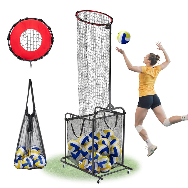 Front. VEVOR - Volleyball Setter Training Equipment, Angle and Height Adjustable Volleyball Trainer, Portable Practice Net with Cart - Red and black.