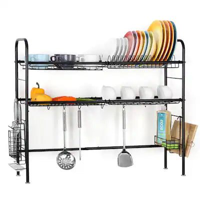 Oumilen - 2-Tier Dish Drying Rack, Stainless Steel Kitchen Storage Organizer with Hooks, Black