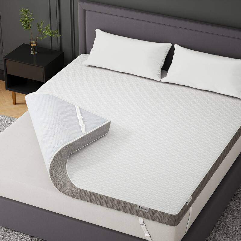 Bestier - 3" Tencel Plush Gel Memory Foam Mattress Topper with Removable Cooling Cover - White & Gray
