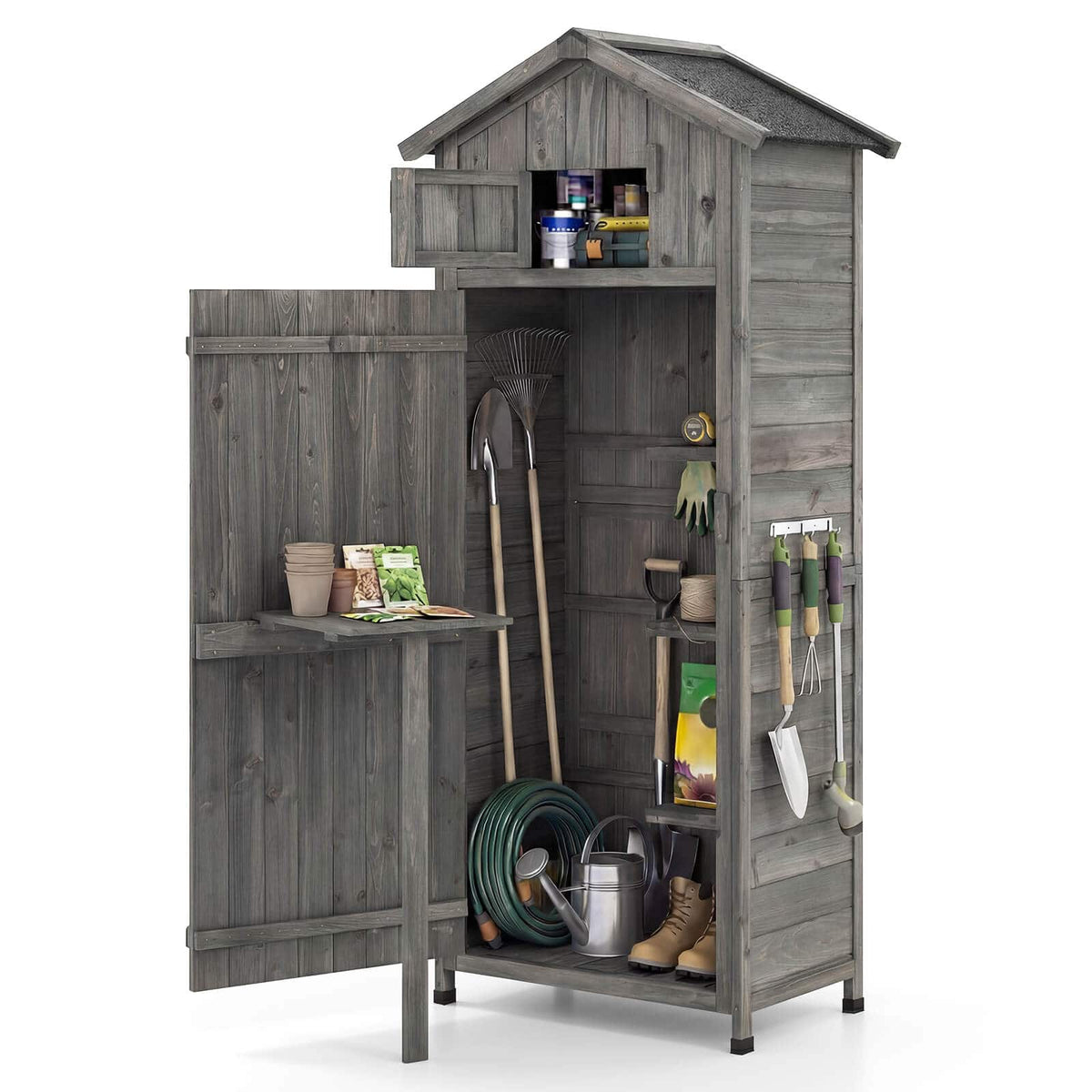 Costway - Wood Garden Storage Shed with Lockable Barn Door, Removable Shelves for Patio - Brown