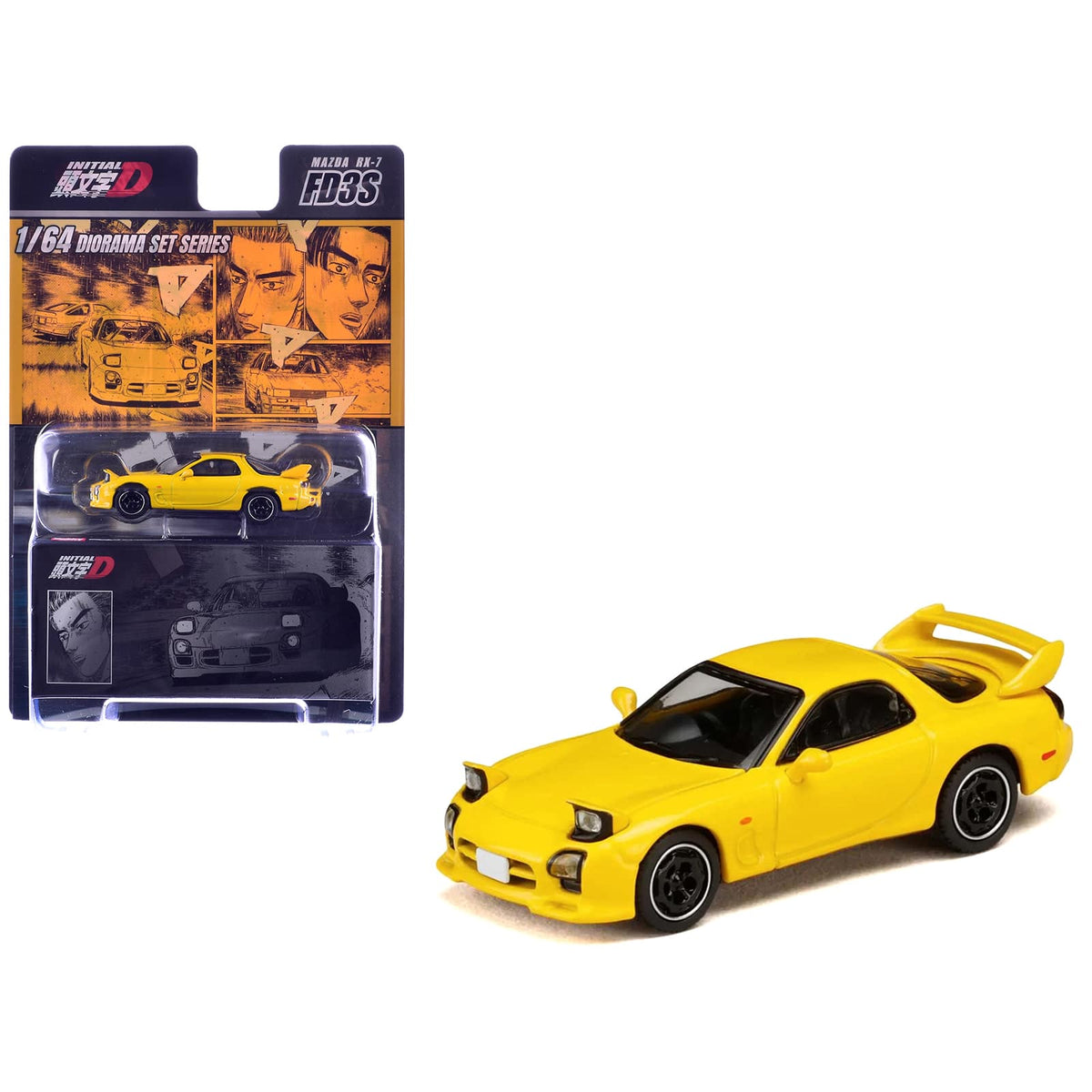 Mazda RX-7 (FD3S) RHD Yellow "Initial D" (1995-2013) Manga "Diorama Set Series" 1/64 Diecast Model Car by Hobby Japan
