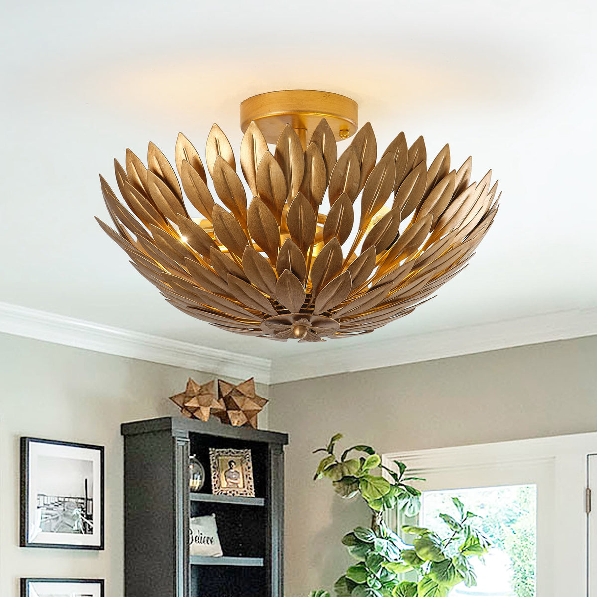 Parrot Uncle - 16 Inch 3-Light Farmhouse Golden Semi-Flush Mount Ceiling Lighting - Gold