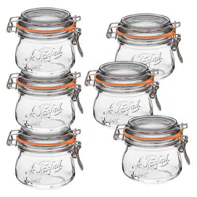 Le Parfait - Super Jar - 250ml French Glass Canning Jar w/Round Body, Airtight Rubber Seal & Glass Lid, 8oz/Half Pint (Pack of 6)