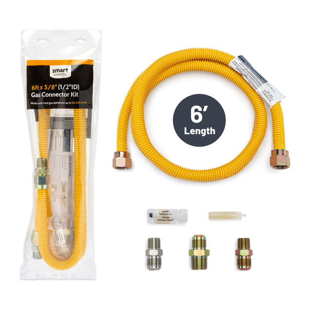 smart CHOICE 6ft x 5/8" (1/2"ID) Gas Connector Kit Works with most gas appliances up to 86,000 BTUs

- - - - INFTRIES - - 1 Friencible CHANCY + KIT INCLURES:
6' Length
COUMOUN
SEE RSOSO72 - 5201/90/39 BLEET - 30 
GASPIRE 360 SEALANT  CAUTION