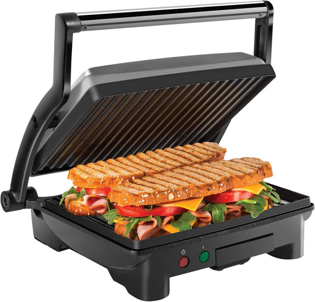 Front. Chefman - 3-in-1 Panini Press & Grill, 4-Slice Non-Stick, Opens Flat - Stainless Steel.