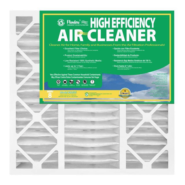 Flanders High Efficiency Air Cleaner  
Cleaner Air for Home, Family and Businesses From the Air Filtration Professionals!  

Excellent Filter Choice:  
- Opcin con Filtro Excelente:  

Product Sustainability:  
- Sostenibilidad de Producto:  

Low Resistance 100% Synthetic Media:  
- Resistencia Baja Medios Sintticos del 100 %:  

Lasts up to 1-Year:  
- Dura hasta el 1 ao:  

Very Effective Against These Common Household Contaminants:  
- Muy Eficas Contra Estos Contaminantes Comunes Del Hogar  

IMPORTANT