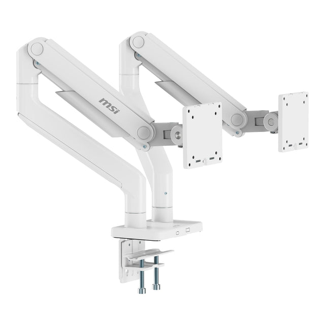 Front. MSI - MAG MT201DW Dual Monitor Arm – Adjustable Desk Mount, VESA Compatible, 17–45in, 44 lbs Capacity, Clamp & Grommet - Matte White.