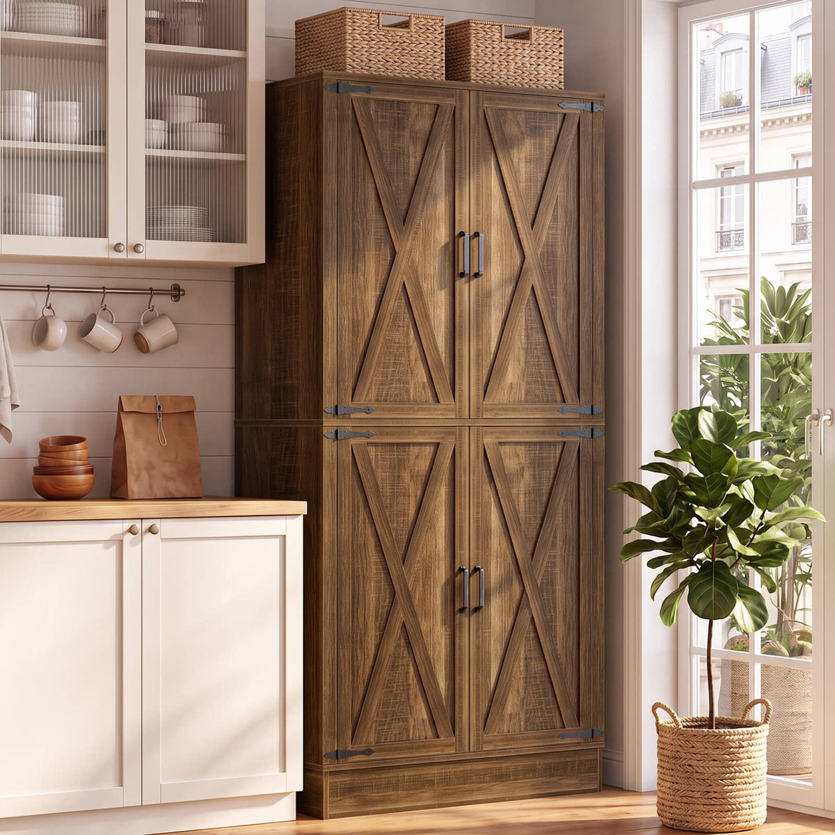 Aheaplus - 70'' Tall Kitchen Pantry Cabinet with Drawer and Adjustable Shelves, 4 Barn Door Pantry for Dining, Kitchen - Weathered Brown