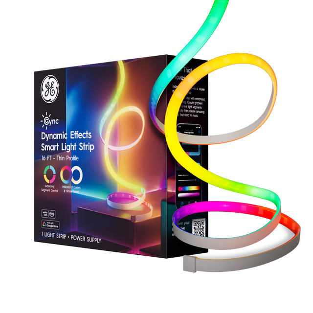 Yo Cync Dynamic Effects Smart Light Strip 16 FT Thin Profile. Individual Segment Control. Millions of Colors. 8 White Levels. That over Indr lo a more enhanced vibe. Create gradient control light segments only then create among 16 sync to music. 1 wk aino. Google Home. LIGHT STRIP POWER SUPPLY over your ve