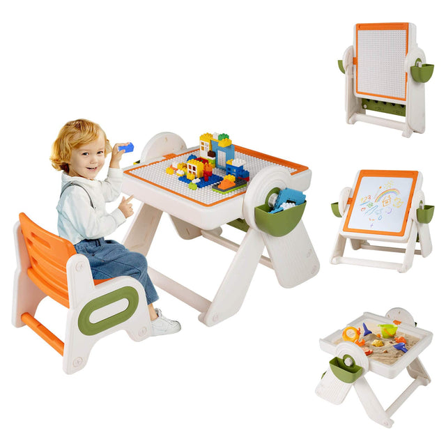 Front. Costway - Costway 6-in-1 Multi-activity Children Table & Chair Set with Pen Slot, Storage Baskets - Orange.