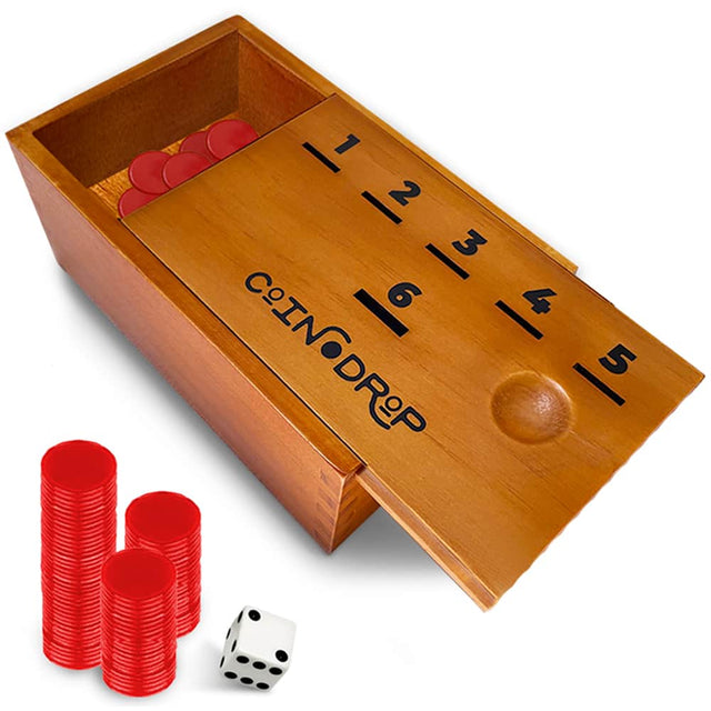 Front. Swooc Games - Coin Drop - Simple + Strategic Dice Games For Families with Coins Included For 2-6 Players - Works With Pennies Too - Brown.