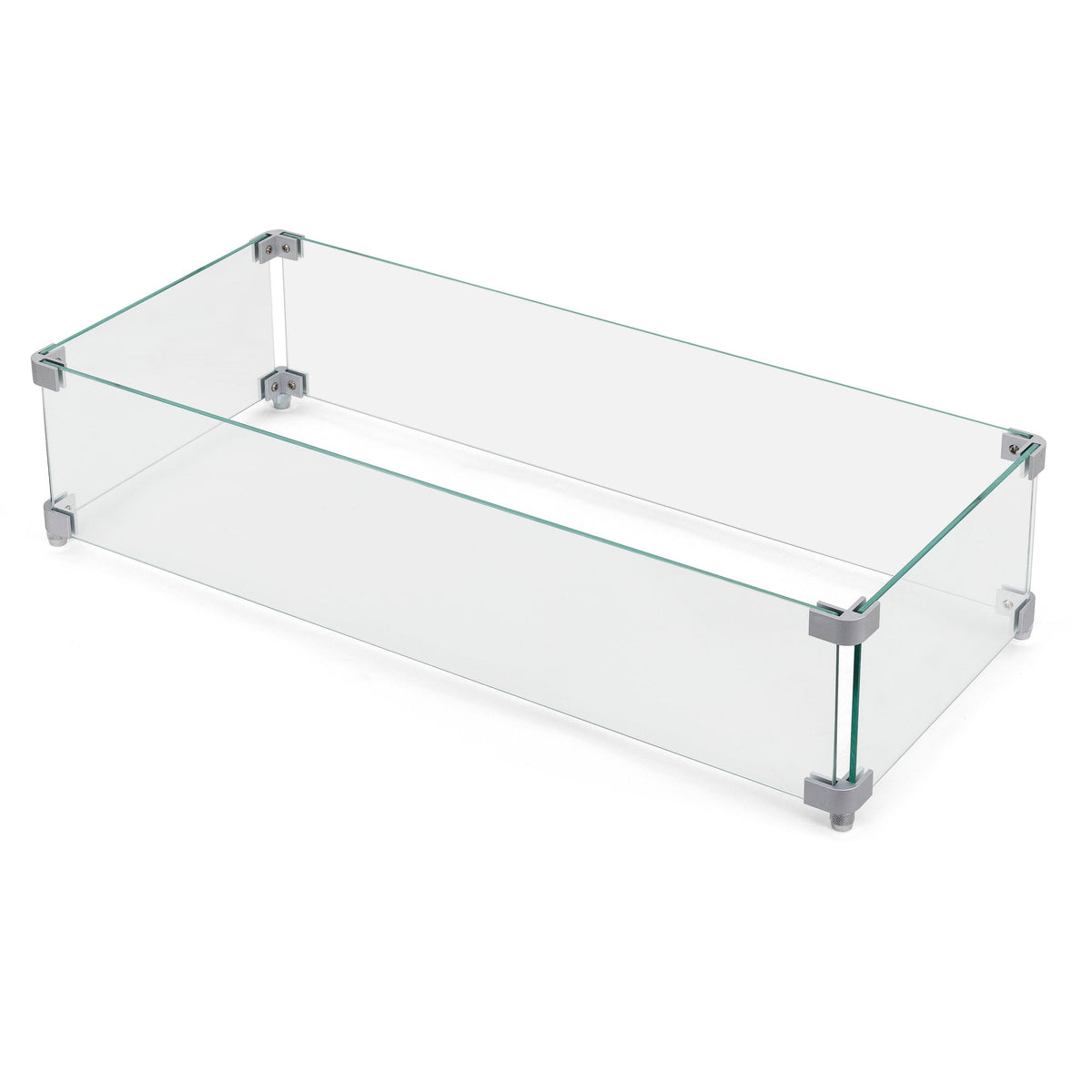Nuu Garden - Rectangular Fire Pit Wind Guard, Tempered Glass with Polished Aluminum Brackets - Transparent
