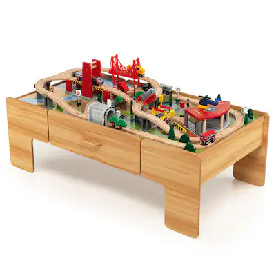 Costway - Kids Wooden Train Set & Double-Sided Table Playset w/100 Pieces & Storage Drawer