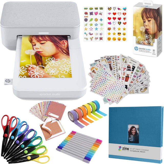 HP Sprocket Studio - 80  
3 Lam  
DO 9 UTION - Pulernid eu old A bld D 01///  
4 DU 21/ H  
A sprocket studio - zink 8x a x 5" Fabric Covered Scrapbook Album