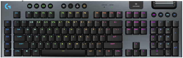 The image shows a keyboard with a variety of keys, including the number keys, function keys, and other special keys. The keys are arranged in rows, with the number keys occupying the bottom row, the function keys in the middle row, and other special keys such as the arrow keys, control keys, and the caps lock key in the top row. The keyboard also has a dedicated key for the battery and a lightspeed key, which may be used for gaming or other specific tasks. The overall layout of the keyboard is designed to p